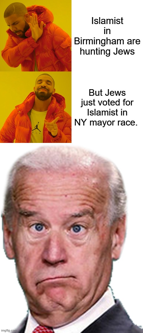 So many brainwashed people in the world. | Islamist in Birmingham are hunting Jews; But Jews just voted for Islamist in NY mayor race. | image tagged in memes,drake hotline bling,joke biden - confused president pudd'in head | made w/ Imgflip meme maker
