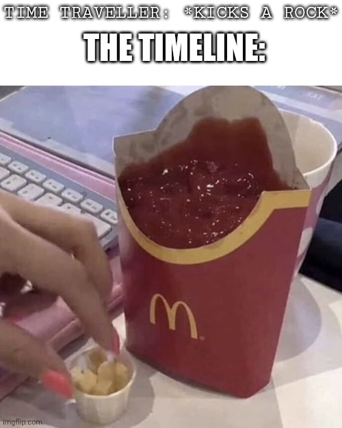 Ketchup with a side of fries | THE TIMELINE:; TIME TRAVELLER: *KICKS A ROCK* | image tagged in ketchup with a side of fries | made w/ Imgflip meme maker
