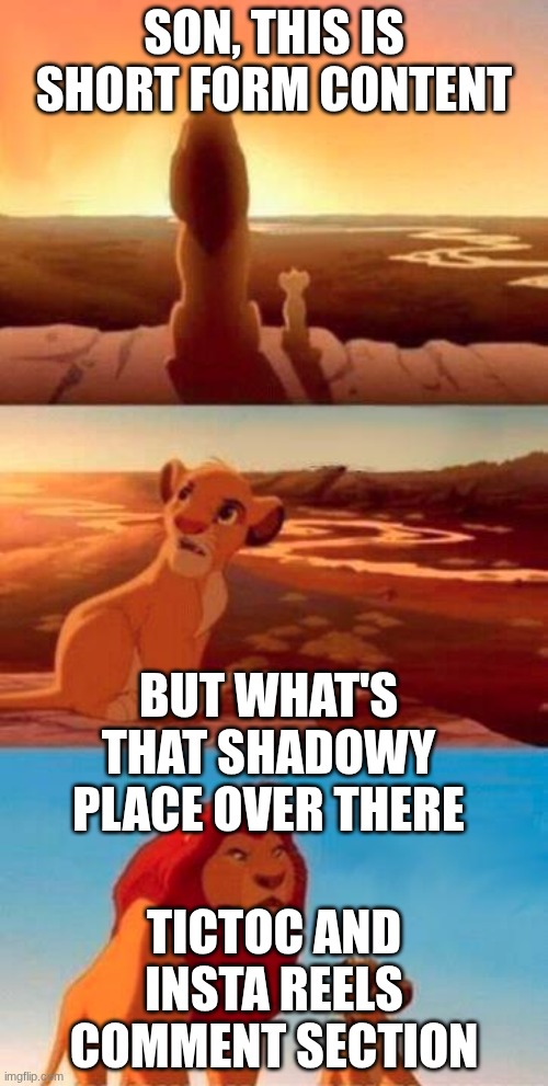 Image Title | SON, THIS IS SHORT FORM CONTENT; BUT WHAT'S THAT SHADOWY PLACE OVER THERE; TICTOC AND INSTA REELS COMMENT SECTION | image tagged in everything the light touches | made w/ Imgflip meme maker