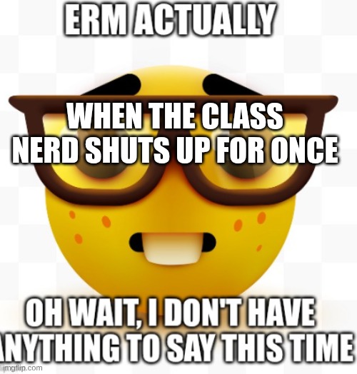 ERM actually Nerd | WHEN THE CLASS NERD SHUTS UP FOR ONCE | image tagged in erm actually nerd | made w/ Imgflip meme maker
