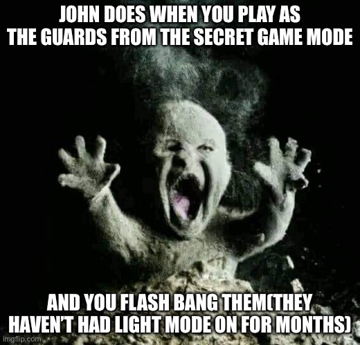 Lmao | JOHN DOES WHEN YOU PLAY AS THE GUARDS FROM THE SECRET GAME MODE; AND YOU FLASH BANG THEM(THEY HAVEN’T HAD LIGHT MODE ON FOR MONTHS) | image tagged in ash baby | made w/ Imgflip meme maker