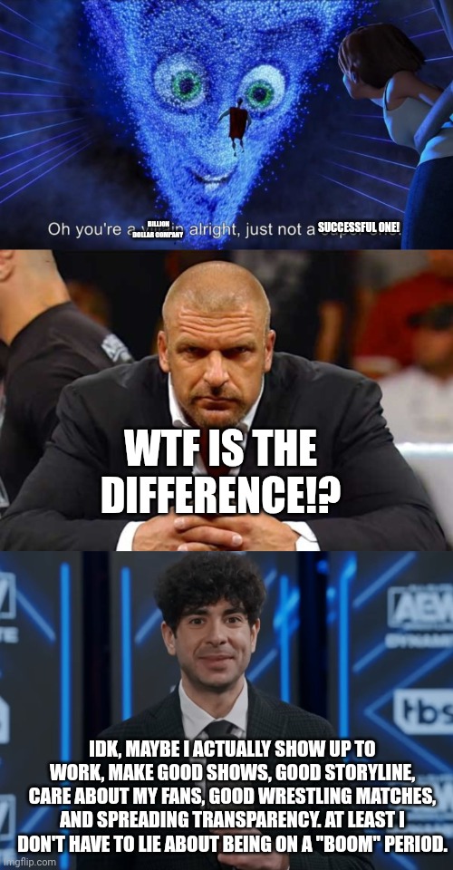 WWE sucks | SUCCESSFUL ONE! BILLION DOLLAR COMPANY; WTF IS THE DIFFERENCE!? IDK, MAYBE I ACTUALLY SHOW UP TO WORK, MAKE GOOD SHOWS, GOOD STORYLINE, CARE ABOUT MY FANS, GOOD WRESTLING MATCHES, AND SPREADING TRANSPARENCY. AT LEAST I DON'T HAVE TO LIE ABOUT BEING ON A "BOOM" PERIOD. | image tagged in oh you're a villain alright just not a super one,triple h,tony kahn thanks guys | made w/ Imgflip meme maker