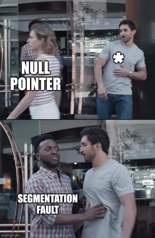 black guy stopping | *; NULL POINTER; SEGMENTATION FAULT | image tagged in black guy stopping | made w/ Imgflip meme maker