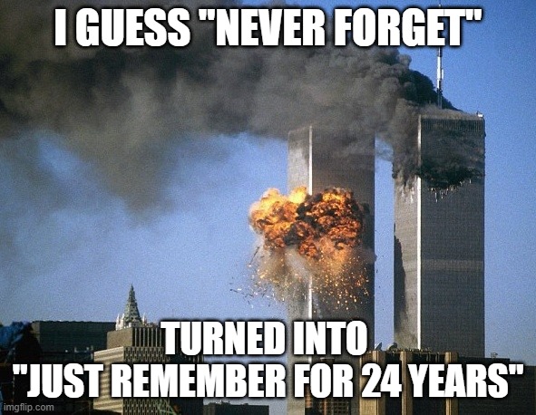 Twin Towers | I GUESS "NEVER FORGET"; TURNED INTO 
"JUST REMEMBER FOR 24 YEARS" | image tagged in twin towers | made w/ Imgflip meme maker