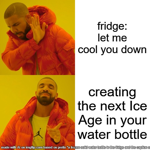 iceberg water bottle | fridge: let me cool you down; creating the next Ice Age in your water bottle | image tagged in memes,drake hotline bling | made w/ Imgflip meme maker