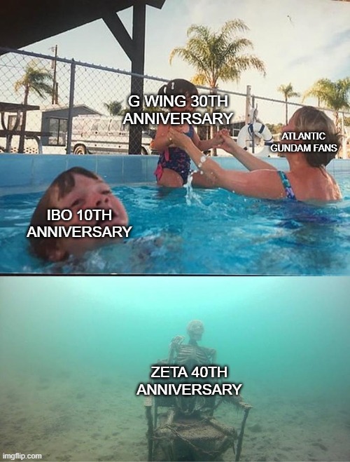 Quite clear where the attention lies. | G WING 30TH ANNIVERSARY; ATLANTIC GUNDAM FANS; IBO 10TH ANNIVERSARY; ZETA 40TH ANNIVERSARY | image tagged in sinking skeleton | made w/ Imgflip meme maker