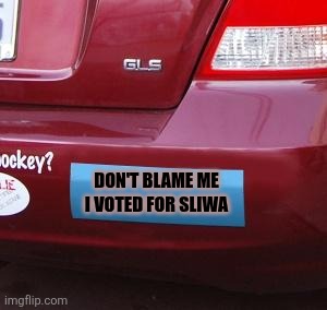 Bumper Sticker | DON'T BLAME ME I VOTED FOR SLIWA | image tagged in bumper sticker | made w/ Imgflip meme maker