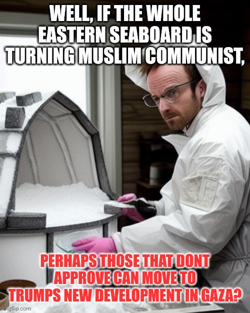 New homes for all | WELL, IF THE WHOLE EASTERN SEABOARD IS TURNING MUSLIM COMMUNIST, PERHAPS THOSE THAT DONT APPROVE CAN MOVE TO TRUMPS NEW DEVELOPMENT IN GAZA? | image tagged in snowcones | made w/ Imgflip meme maker