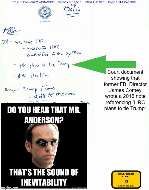 Election Fraud | Court document showing that former FBI Director James Comey wrote a 2016 note referencing “HRC plans to tie Trump” | made w/ Imgflip meme maker