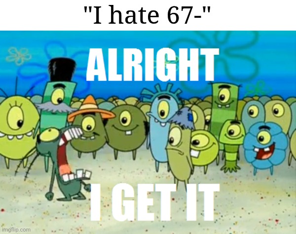 What's wrong about 67? It's not like a virus or anything. | "I hate 67-" | image tagged in alright i get it,memes,funny,67 | made w/ Imgflip meme maker