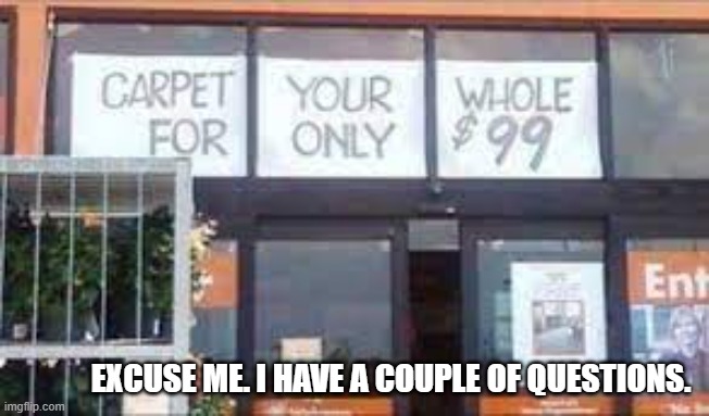 EXCUSE ME. I HAVE A COUPLE OF QUESTIONS. | image tagged in funny,humor,play on words,advertisement,carpet,sexual | made w/ Imgflip meme maker