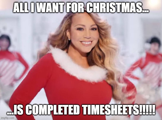 Mariah Carey all I want for Christmas is you | ALL I WANT FOR CHRISTMAS... ...IS COMPLETED TIMESHEETS!!!!! | image tagged in mariah carey all i want for christmas is you | made w/ Imgflip meme maker