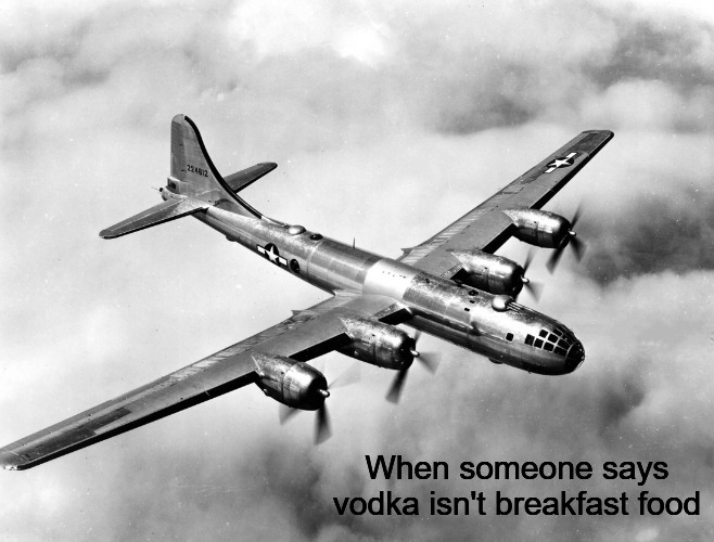 the better pic of the b29 | When someone says vodka isn't breakfast food | image tagged in the better pic of the b29,slavic air,vodka | made w/ Imgflip meme maker