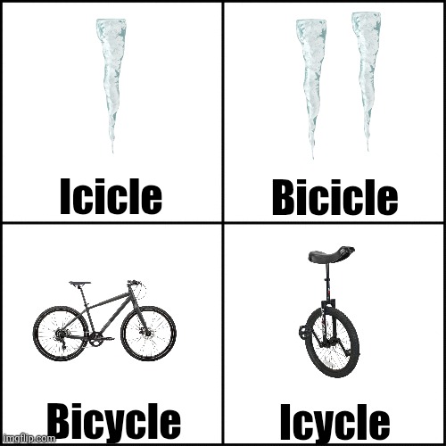 Random and irrelevant meme incoming | Icicle; Bicicle; Bicycle; Icycle | image tagged in dumb,stop reading the tags | made w/ Imgflip meme maker