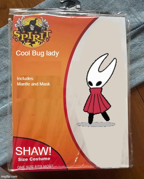 idk, personally prefer "HIGALE!" | Cool Bug lady; Includes: Mantle and Mask; SHAW! | image tagged in spirit halloween,hollow knight | made w/ Imgflip meme maker