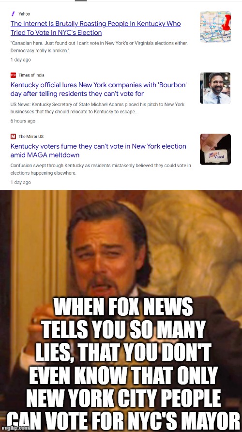 All jokes aside, this is alarming | WHEN FOX NEWS TELLS YOU SO MANY LIES, THAT YOU DON'T EVEN KNOW THAT ONLY NEW YORK CITY PEOPLE CAN VOTE FOR NYC'S MAYOR | image tagged in memes,laughing leo | made w/ Imgflip meme maker