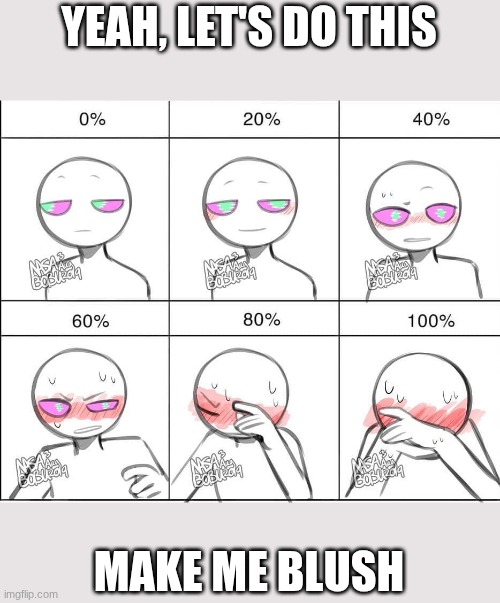 Try it on me | YEAH, LET'S DO THIS; MAKE ME BLUSH | image tagged in try to make me blush meme | made w/ Imgflip meme maker