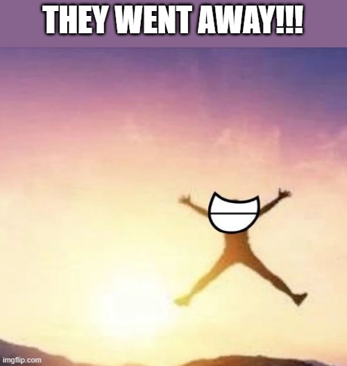 hooray no more yelling children | THEY WENT AWAY!!! | image tagged in yippee | made w/ Imgflip meme maker