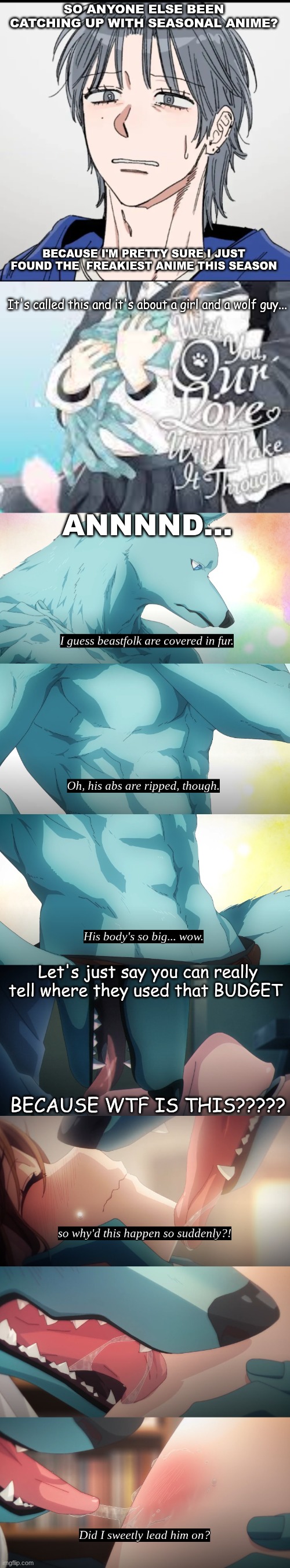 They should have just called this "girl horny for Wolf dick" | SO ANYONE ELSE BEEN CATCHING UP WITH SEASONAL ANIME? BECAUSE I'M PRETTY SURE I JUST FOUND THE  FREAKIEST ANIME THIS SEASON; It's called this and it's about a girl and a wolf guy... ANNNND... Let's just say you can really tell where they used that BUDGET; BECAUSE WTF IS THIS????? | image tagged in uhhhhhh | made w/ Imgflip meme maker