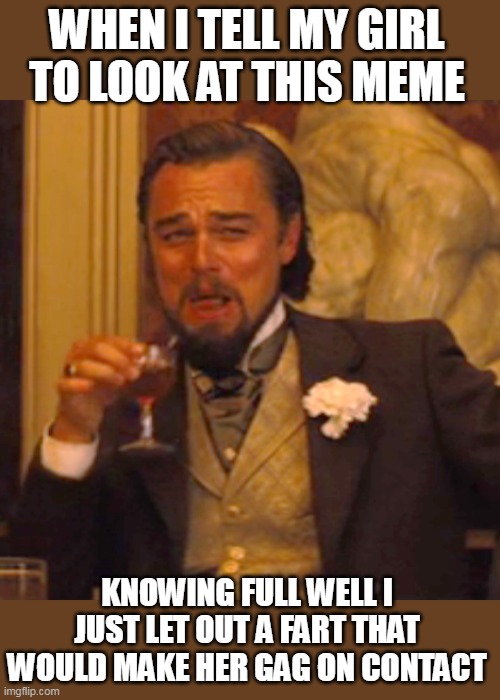 When I tell my girl to look at this meme | WHEN I TELL MY GIRL TO LOOK AT THIS MEME; KNOWING FULL WELL I JUST LET OUT A FART THAT WOULD MAKE HER GAG ON CONTACT | image tagged in memes,laughing leo,girlfriend,funny,fart,gag | made w/ Imgflip meme maker
