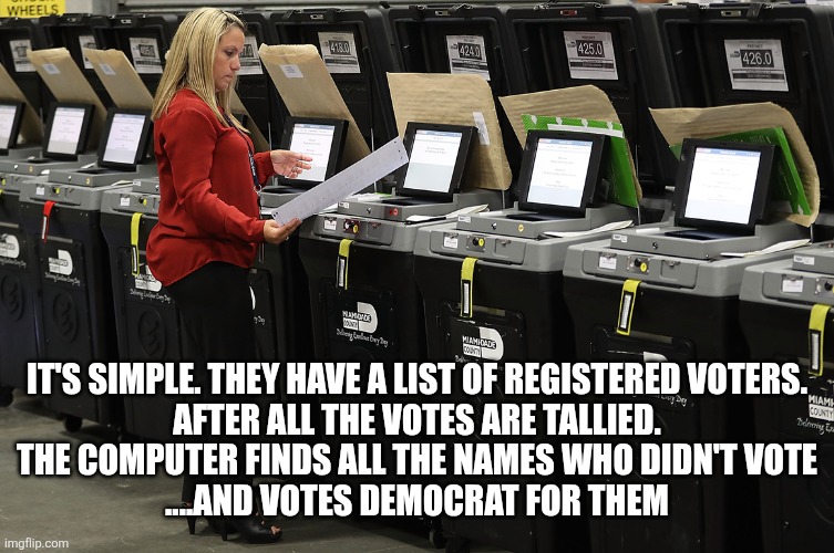 IT'S SIMPLE. THEY HAVE A LIST OF REGISTERED VOTERS.
 AFTER ALL THE VOTES ARE TALLIED. 
THE COMPUTER FINDS ALL THE NAMES WHO DIDN'T VOTE
....AND VOTES DEMOCRAT FOR THEM | image tagged in funny memes | made w/ Imgflip meme maker