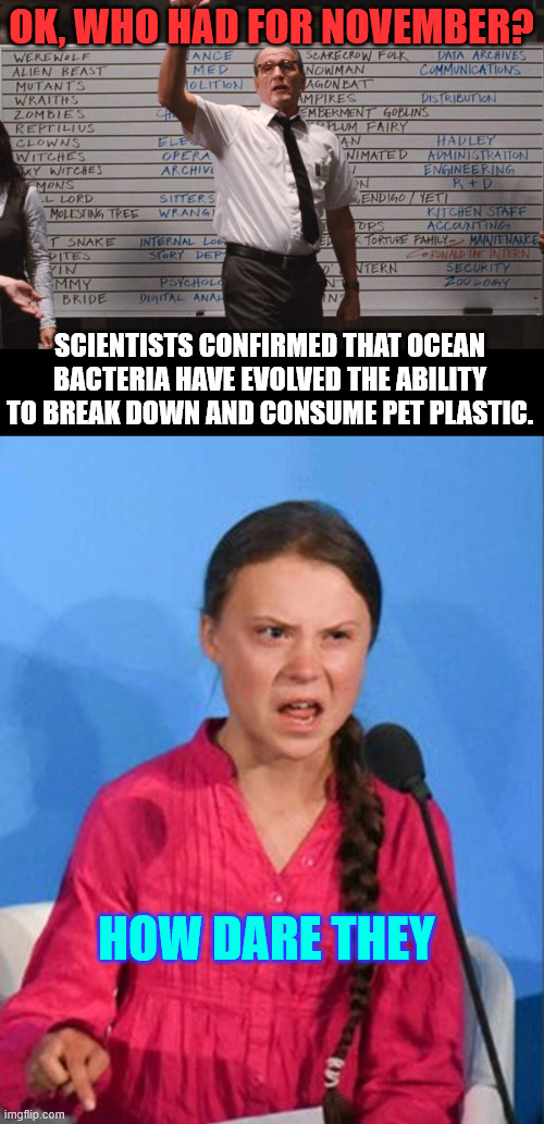 Who had for November | OK, WHO HAD FOR NOVEMBER? SCIENTISTS CONFIRMED THAT OCEAN BACTERIA HAVE EVOLVED THE ABILITY TO BREAK DOWN AND CONSUME PET PLASTIC. HOW DARE THEY | image tagged in who had,november,scientists report bacteria adapted to breakdown pet plastic | made w/ Imgflip meme maker