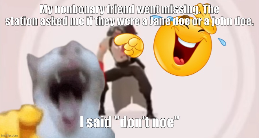 low quality medic laughing | My nonbonary friend went missing. The station asked me if they were a Jane doe or a john doe. I said "don't noe" | image tagged in low quality medic laughing | made w/ Imgflip meme maker