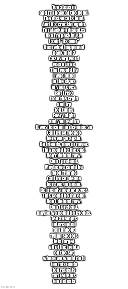 Ten steps in
and I'm back at the bend.
The distance is loud.
And it's crackin again.
I'm stacking disputes
like I'm packin' sin
I said "its  | made w/ Imgflip meme maker