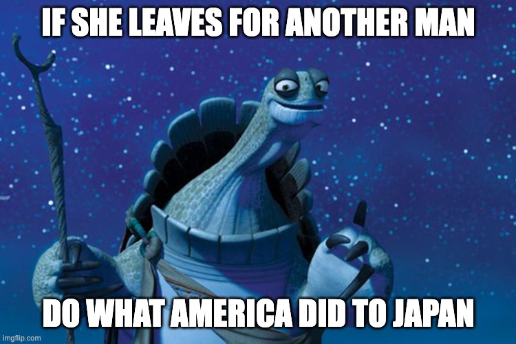 Wise words | IF SHE LEAVES FOR ANOTHER MAN; DO WHAT AMERICA DID TO JAPAN | image tagged in master oogway | made w/ Imgflip meme maker