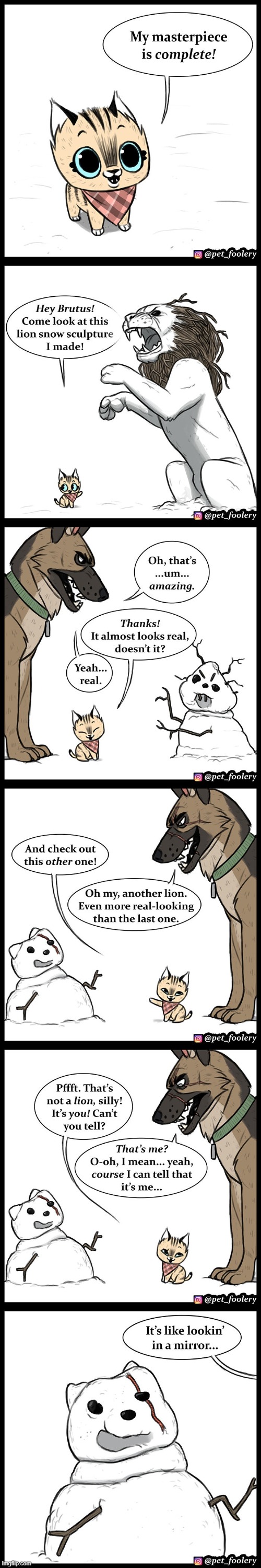 image tagged in cat,dog,winter,snow,sculptures,statues | made w/ Imgflip meme maker