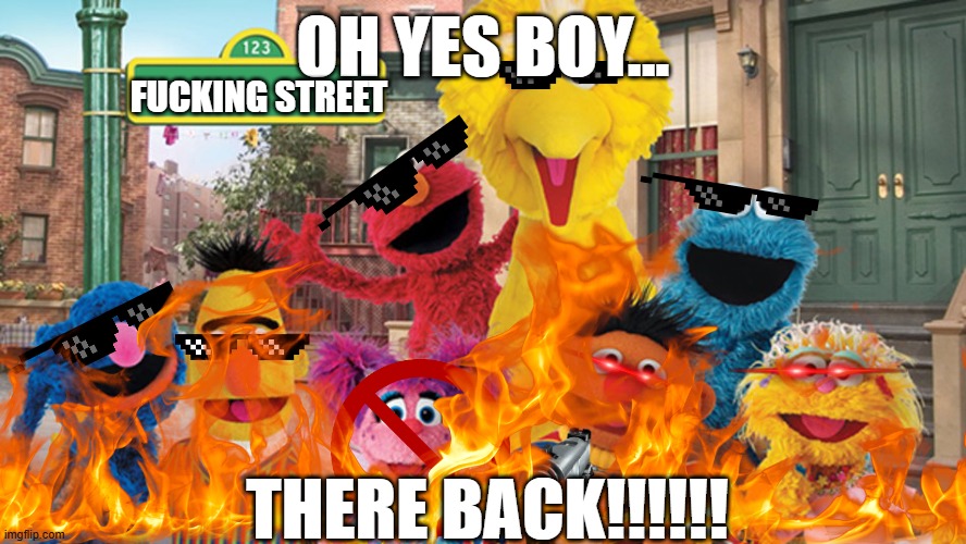 Sesame Street Blank Sign | OH YES BOY... FUCKING STREET; THERE BACK!!!!!! | image tagged in sesame street blank sign | made w/ Imgflip meme maker
