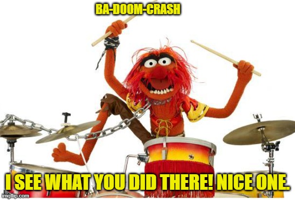 animal drums | BA-DOOM-CRASH I SEE WHAT YOU DID THERE! NICE ONE. | image tagged in animal drums | made w/ Imgflip meme maker