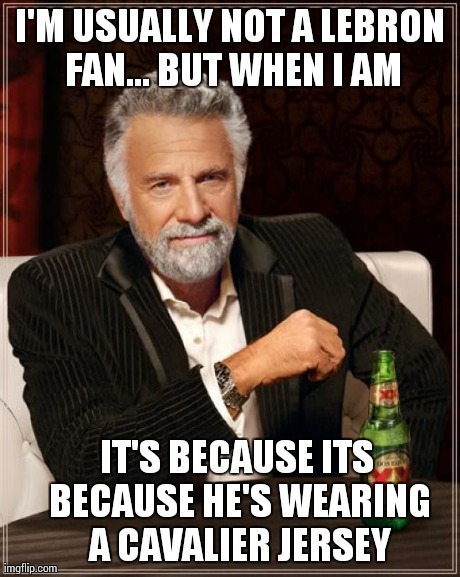 The Most Interesting Man In The World | I'M USUALLY NOT A LEBRON FAN... BUT WHEN I AM IT'S BECAUSE ITS BECAUSE HE'S WEARING A CAVALIER JERSEY | image tagged in memes,the most interesting man in the world | made w/ Imgflip meme maker