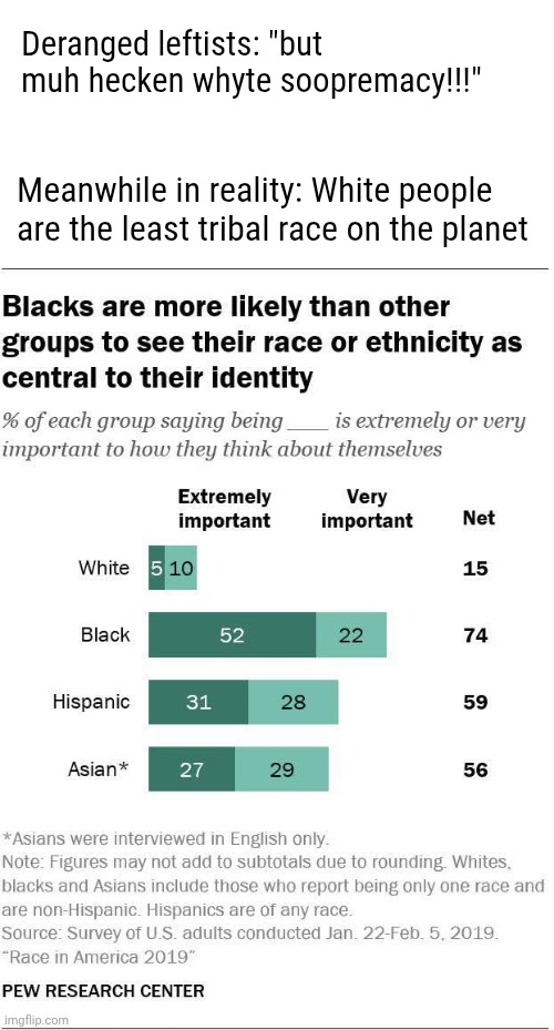 Things that make you go hmmm | Deranged leftists: "but muh hecken whyte soopremacy!!!"; Meanwhile in reality: White people are the least tribal race on the planet | image tagged in hmmm | made w/ Imgflip meme maker