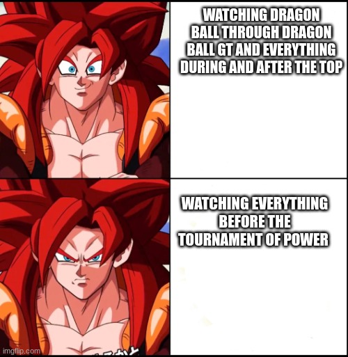 Bruv everything untill the tournament of power and beyond was ASS!!! | WATCHING DRAGON BALL THROUGH DRAGON BALL GT AND EVERYTHING DURING AND AFTER THE TOP; WATCHING EVERYTHING BEFORE THE TOURNAMENT OF POWER | image tagged in angry gogeta,dbz | made w/ Imgflip meme maker