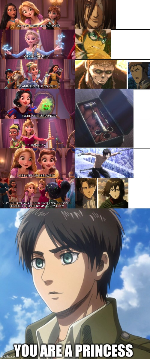 Princess eren | YOU ARE A PRINCESS | image tagged in she is a princess,attack on titan | made w/ Imgflip meme maker