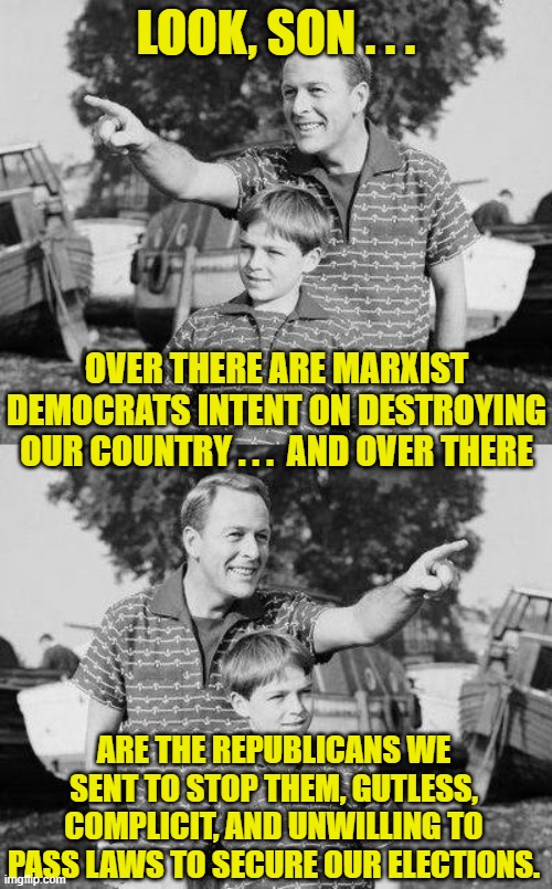 THE most important thing we could do is secure future elections against non-citizen voting. | LOOK, SON . . . OVER THERE ARE MARXIST DEMOCRATS INTENT ON DESTROYING OUR COUNTRY . . .  AND OVER THERE; ARE THE REPUBLICANS WE SENT TO STOP THEM, GUTLESS, COMPLICIT, AND UNWILLING TO PASS LAWS TO SECURE OUR ELECTIONS. | image tagged in memes,look son,scumbad democrats,spineless republicans | made w/ Imgflip meme maker