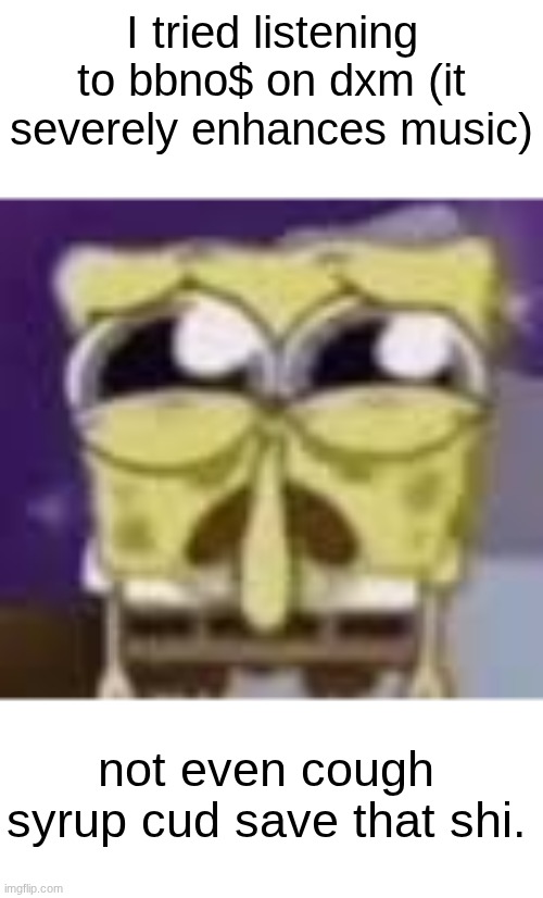 sounds like the intro song to a pg movie | I tried listening to bbno$ on dxm (it severely enhances music); not even cough syrup cud save that shi. | image tagged in spunchbop all sad n shit | made w/ Imgflip meme maker