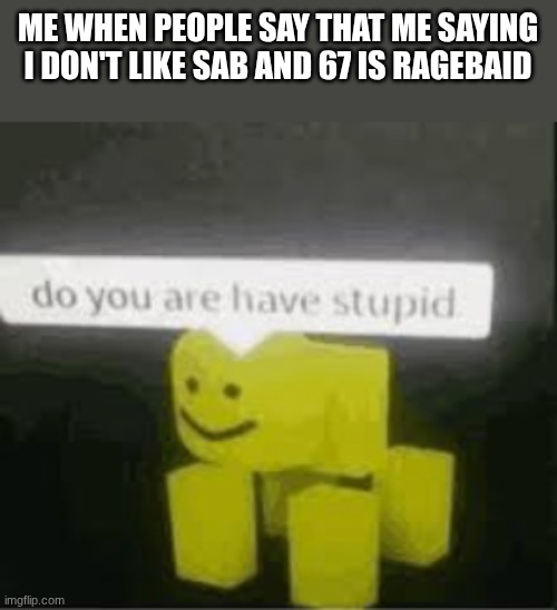 do you are have stupid | ME WHEN PEOPLE SAY THAT ME SAYING I DON'T LIKE SAB AND 67 IS RAGEBAID | image tagged in do you are have stupid | made w/ Imgflip meme maker