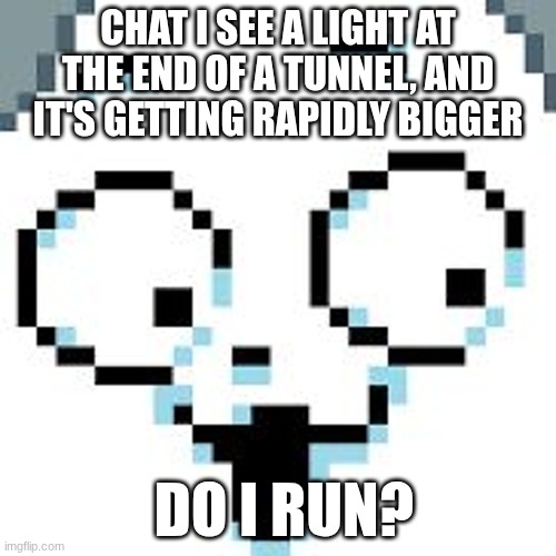 this is a joke btw | CHAT I SEE A LIGHT AT THE END OF A TUNNEL, AND IT'S GETTING RAPIDLY BIGGER; DO I RUN? | image tagged in temmie | made w/ Imgflip meme maker