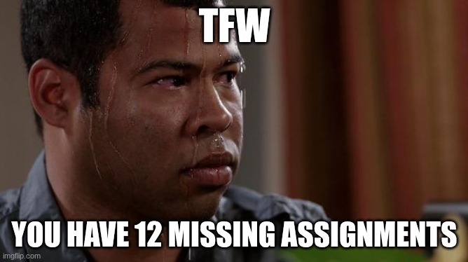sweating bullets | TFW; YOU HAVE 12 MISSING ASSIGNMENTS | image tagged in sweating bullets | made w/ Imgflip meme maker