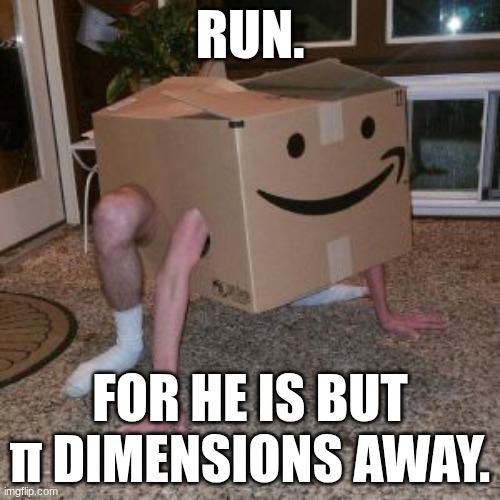 box man | RUN. FOR HE IS BUT π DIMENSIONS AWAY. | image tagged in amazon box guy | made w/ Imgflip meme maker