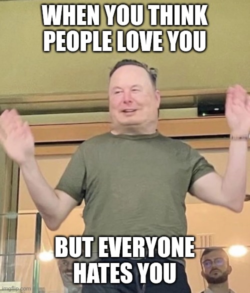 Elon | WHEN YOU THINK PEOPLE LOVE YOU; BUT EVERYONE HATES YOU | image tagged in elon | made w/ Imgflip meme maker