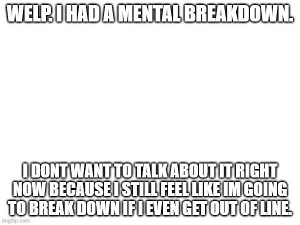 WELP. I HAD A MENTAL BREAKDOWN. I DONT WANT TO TALK ABOUT IT RIGHT NOW BECAUSE I STILL FEEL LIKE IM GOING TO BREAK DOWN IF I EVEN GET OUT OF LINE. | made w/ Imgflip meme maker