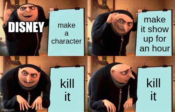 Yes its all coming together | make a character; make it show up for an hour; DISNEY; kill it; kill it | image tagged in memes,gru's plan | made w/ Imgflip meme maker