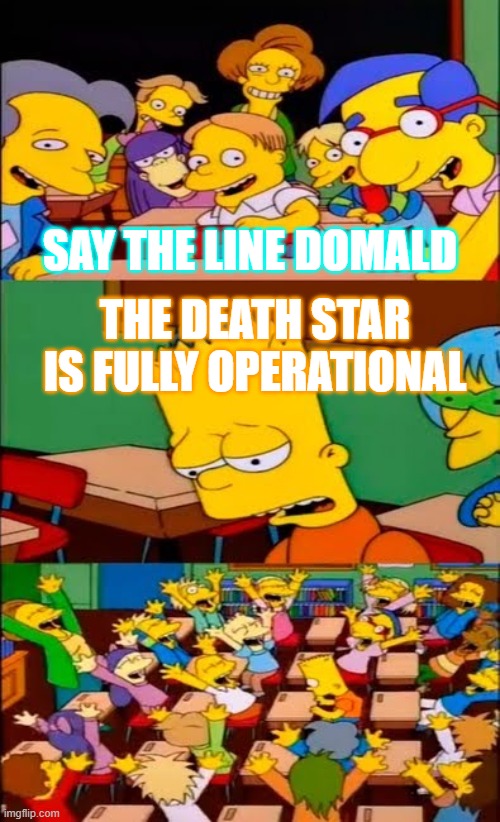 say the line bart! simpsons | SAY THE LINE DOMALD; THE DEATH STAR IS FULLY OPERATIONAL | image tagged in say the line bart simpsons | made w/ Imgflip meme maker