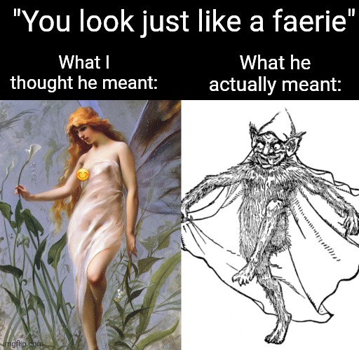 Marked NSFW cuz nipples :/ | "You look just like a faerie"; What he actually meant:; What I thought he meant:; 😊 | image tagged in memes,funny,fairy,ouch | made w/ Imgflip meme maker