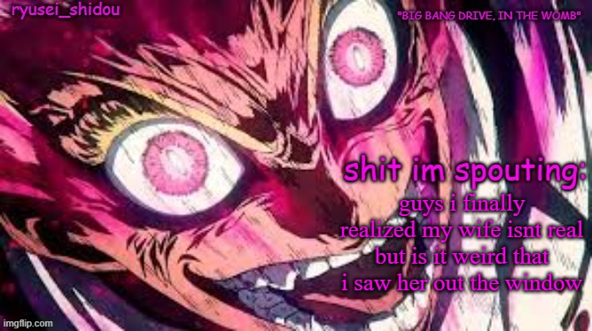 oh | guys i finally realized my wife isnt real but is it weird that i saw her out the window | image tagged in ryusei_shidous announcement temp | made w/ Imgflip meme maker