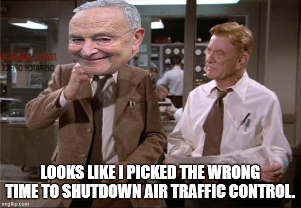 Nice Job Schumer!! LOL | LOOKS LIKE I PICKED THE WRONG TIME TO SHUTDOWN AIR TRAFFIC CONTROL. | image tagged in airplane wrong week,government shutdown,chuck schumer,democrats,traffic,airplane | made w/ Imgflip meme maker