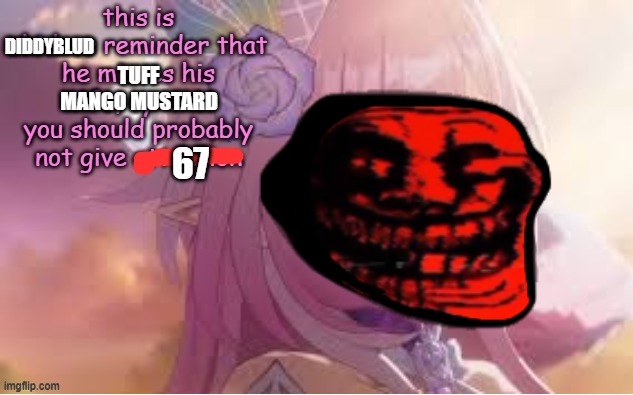 i miss my wife | DIDDYBLUD; TUFF; MANGO MUSTARD; 67 | image tagged in i miss my wife | made w/ Imgflip meme maker